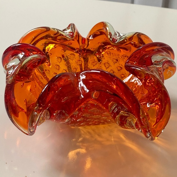 Vintage Barovier & Toso Orange Murano Glass Glass Bowl w/ silver leaf inclusions - Picture 4 of 13